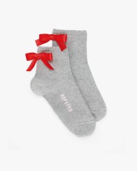 灰色/亮红色蝴蝶结短袜