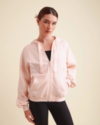 粉白色连帽拉链开衫卫衣